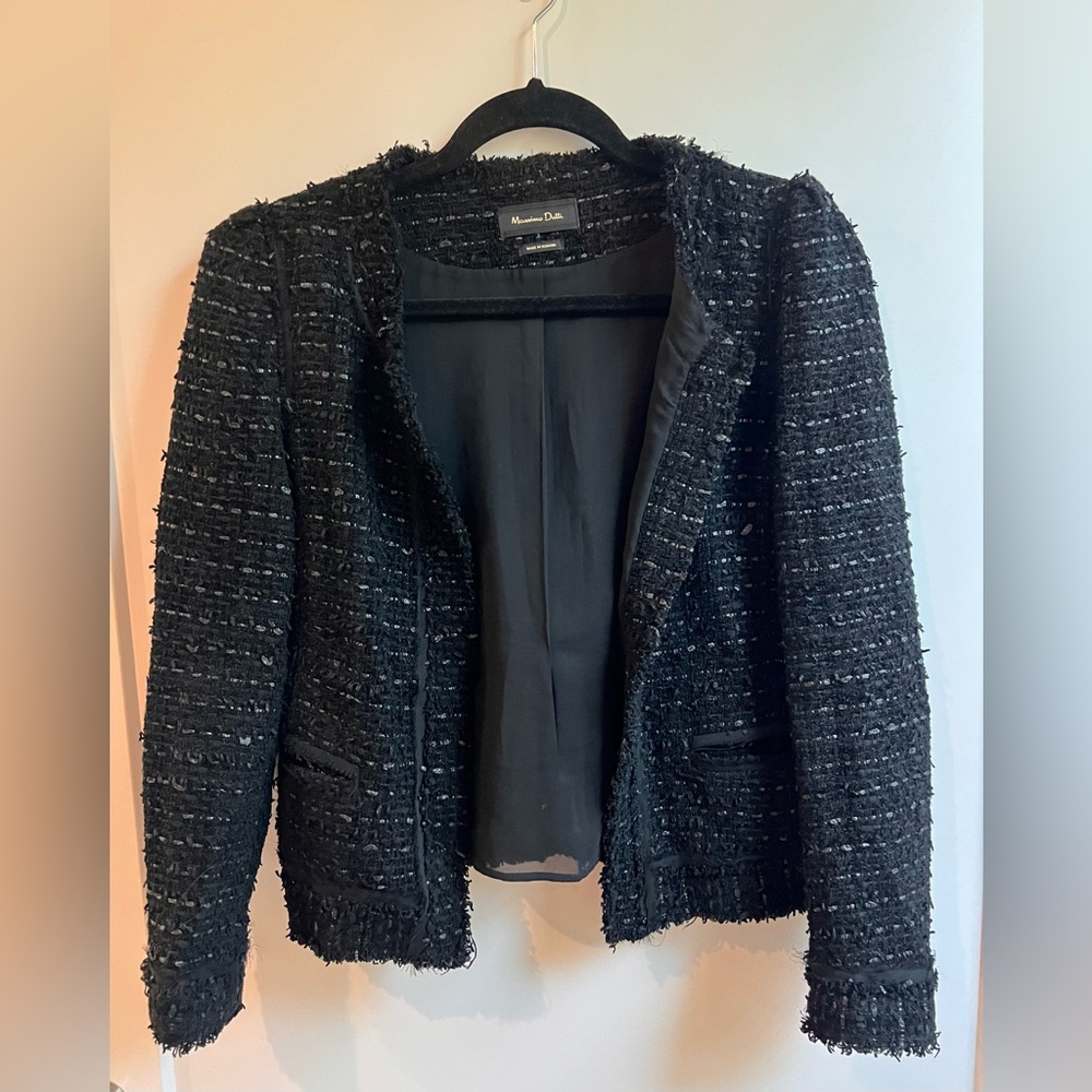 Massimo Dutti Black Boucle Tweed Blazer